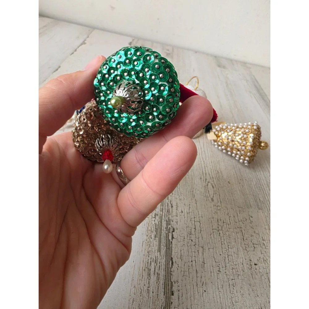 Vintage sequin push pin Bell ornament blue green